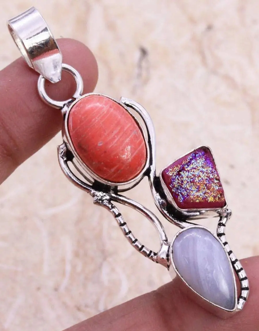 Lace Agate and Titanium Druzy Pendant - 1.8" Gemstone on Cord and Gift-Boxed
