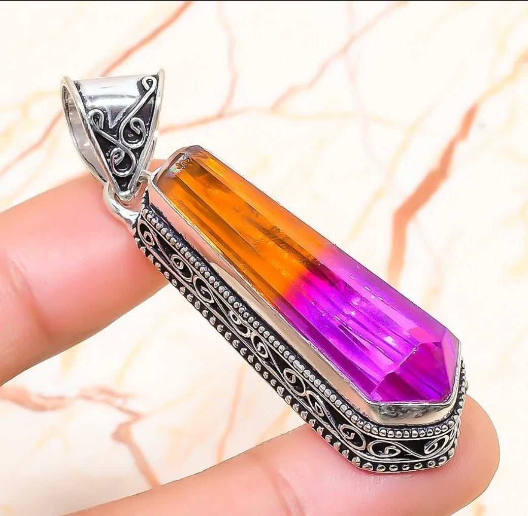 Bi-Color Tourmaline Gemstone 2" Pendant on Cord, Gift-Boxed