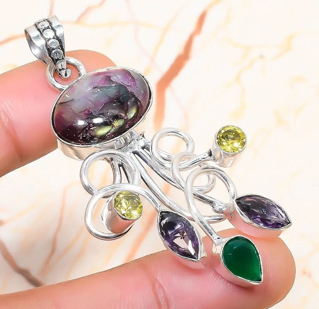 Labradorite, Citrine, and Amethyst Gemstone 2.25" Pendant on Cord, Gift-Boxed