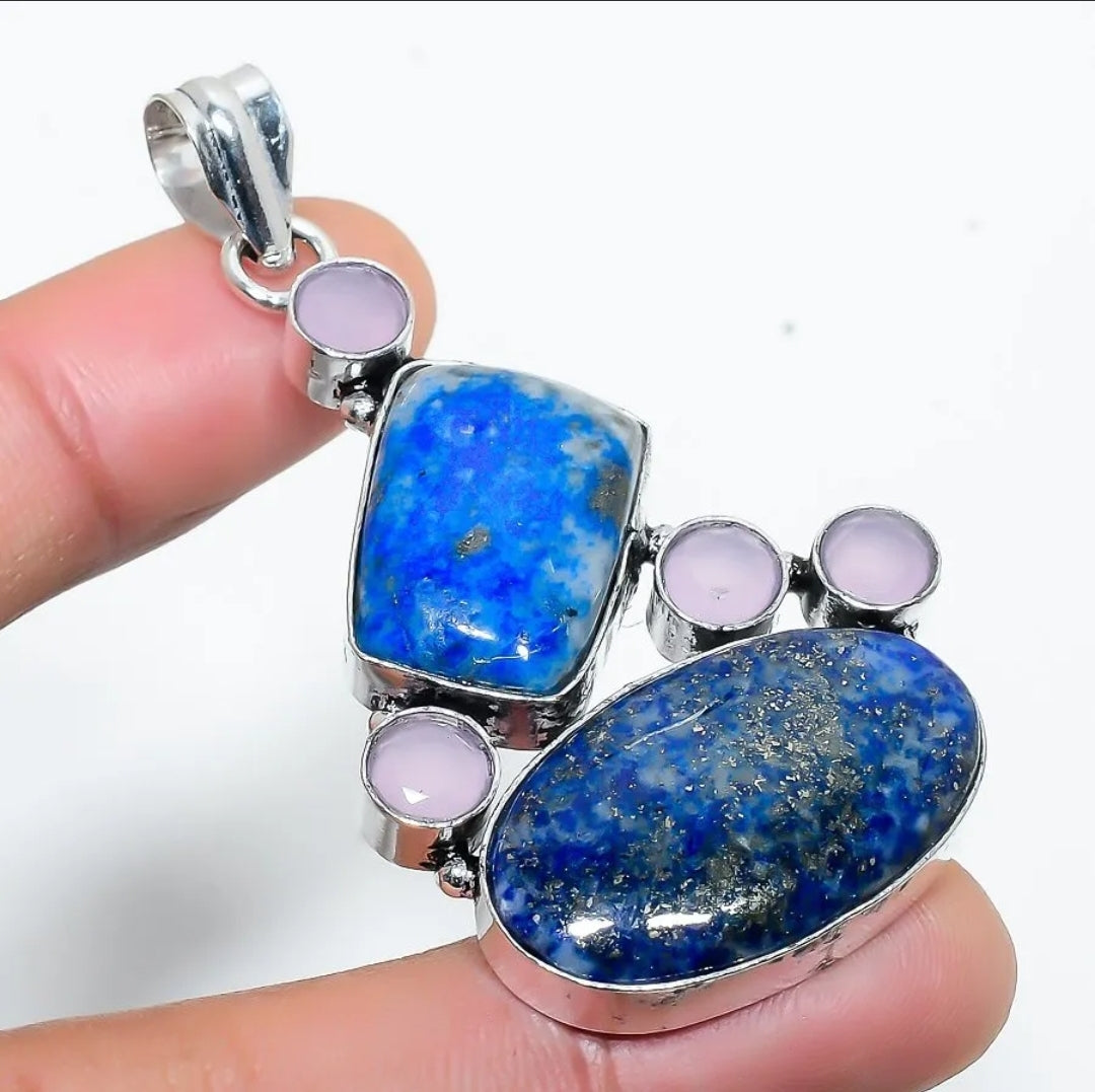 Lapis Lazuli and Chalcedony 2.25" Pendant on Cord, Gift-Boxed