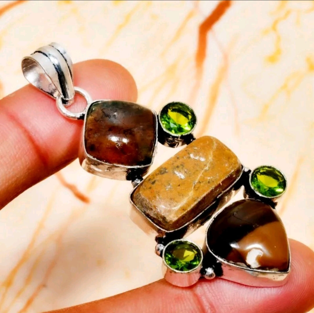Honey Dendritic and Peridot 2.25" Pendant on Cord, Gift-Boxed