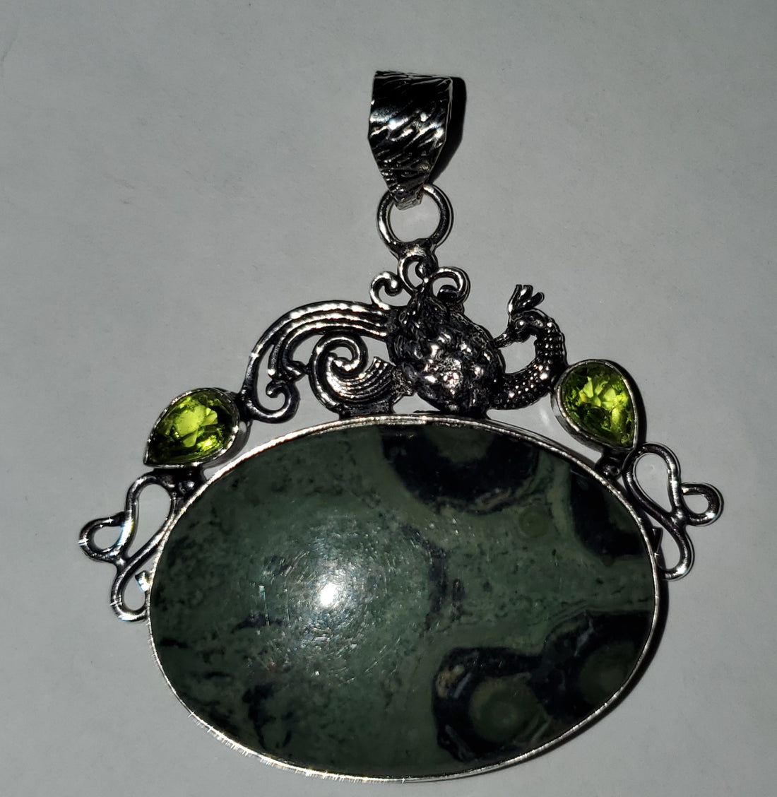 Kambaba Jasper and Peridot Pendant  - 2.5" Gemstone on Cord and Gift-Boxed