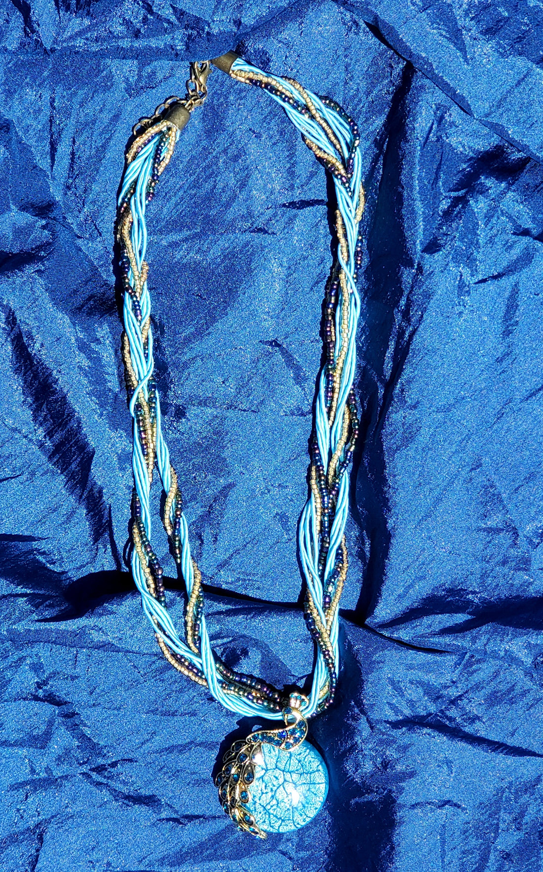 Blue Peacock Necklace - 18" w/Braided Silk Cord, Rhinestone, and Glass Cabachon