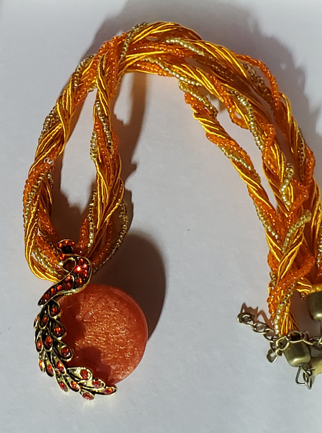 Orange Peacock Necklace - 18" w/Braided Silk Cord, Rhinestone, and Glass Cabachon