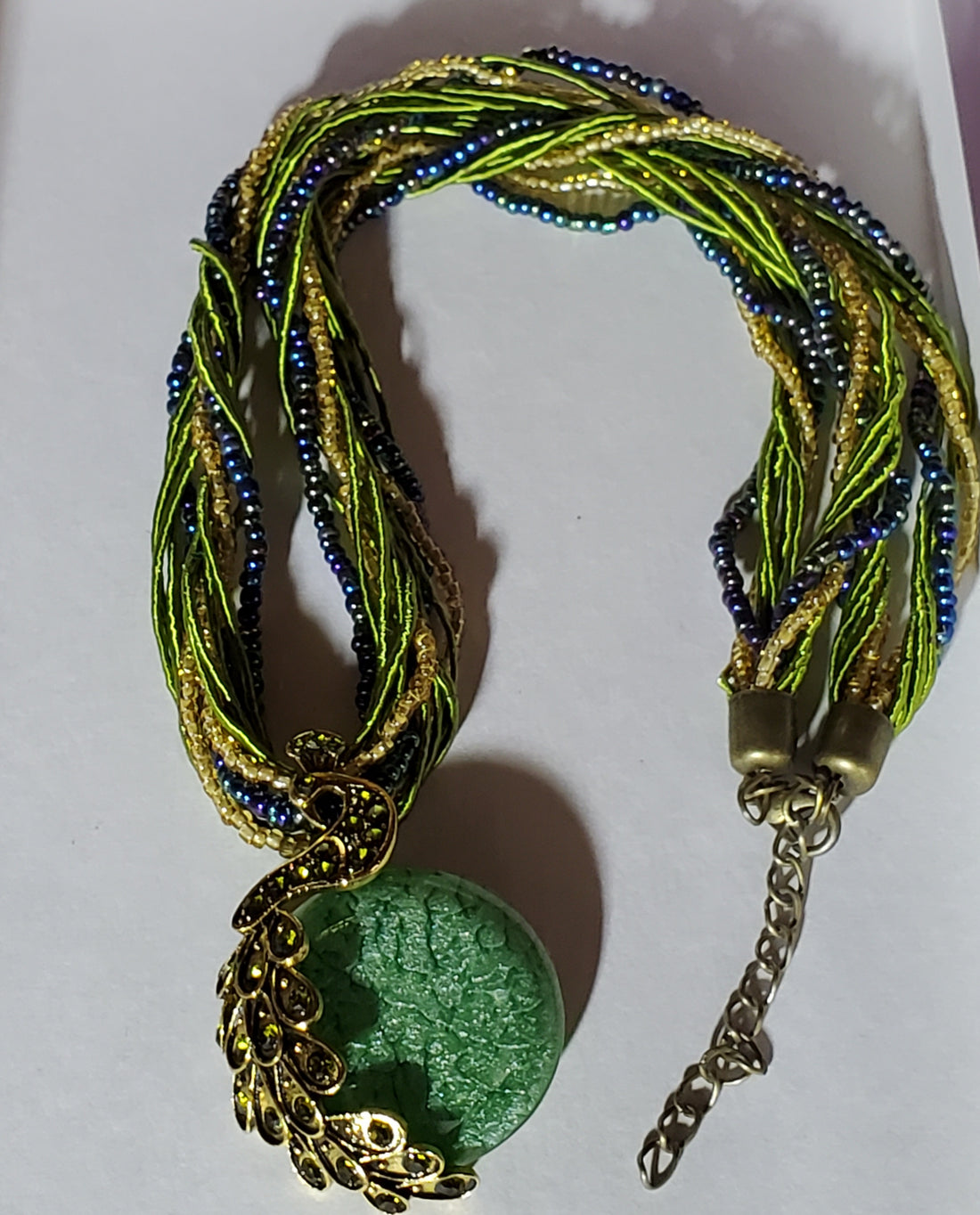 Green Peacock Necklace - 18" w/Braided Silk Cord, Rhinestone, and Glass Cabachon
