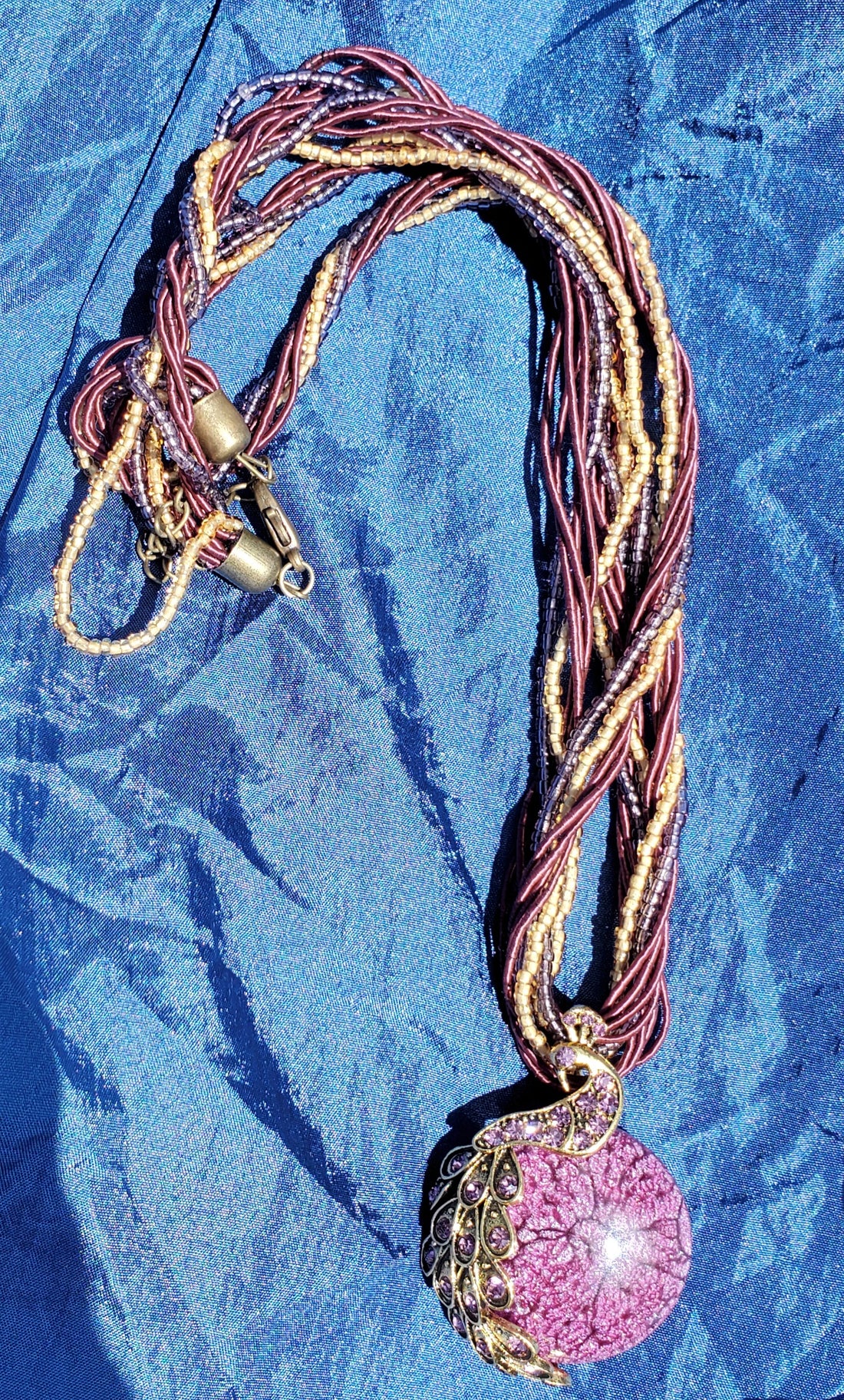 Deep Purple Peacock Necklace - 18" w/Braided Silk Cord, Rhinestone, and Glass Cabachon