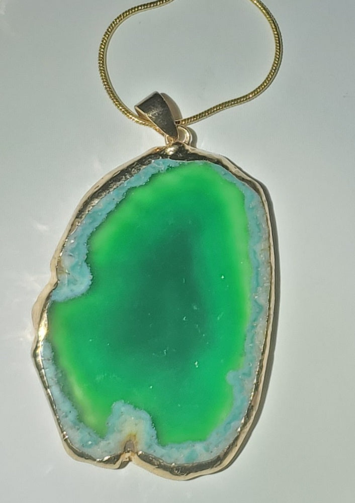 Green Sliced Geode Pendant on 20" Chain - Gift Boxed