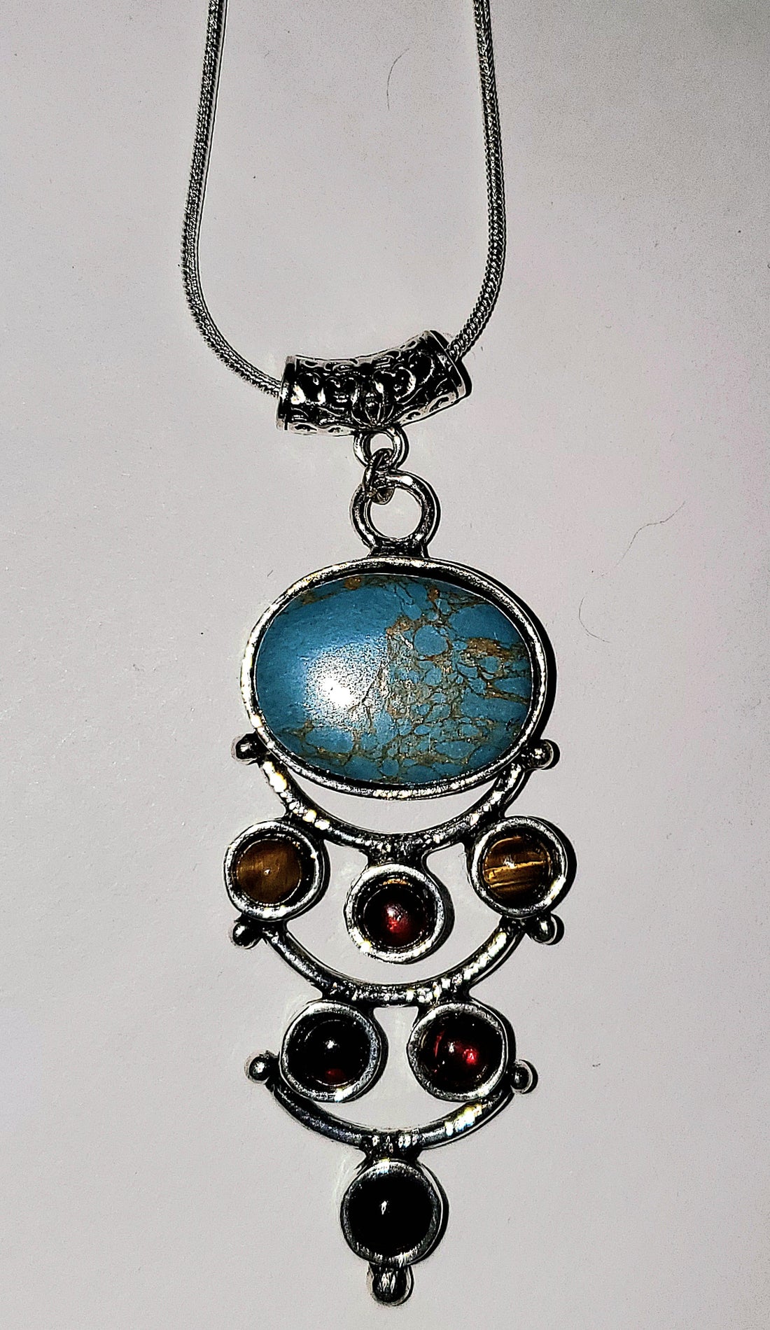 Copper Turquoise and Tigereye, and Garnet - 2.75" Pendant on Sterling 18" Chain