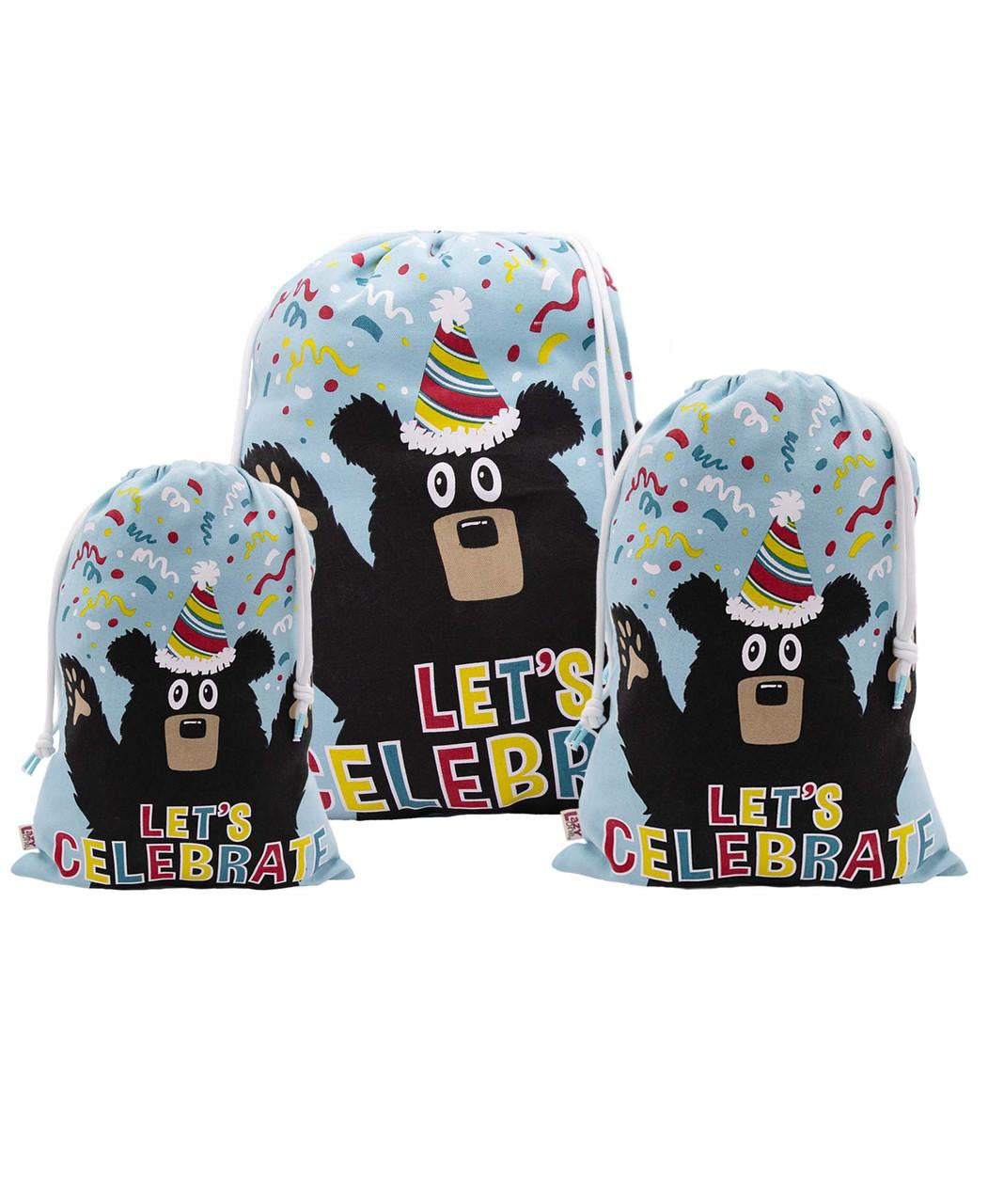 Set of 3 Rope Tie-String Cloth Birthday Bear Gift Bags by LazyOne