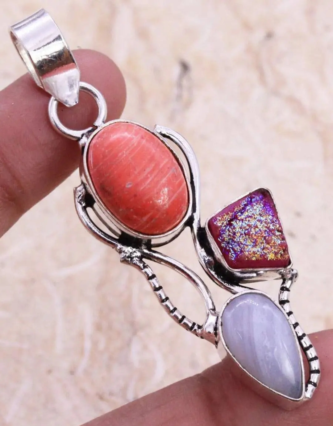 Lace Agate and Titanium Druzy Pendant  - 1.8" Gemstone on Cord and Gift-Boxed