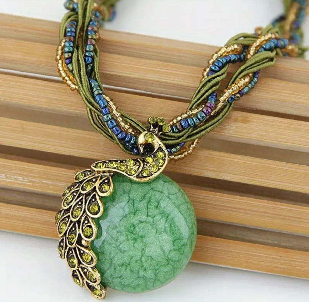 Green Peacock Necklace - 18" w/Braided Silk Cord, Rhinestone, and Glass Cabachon