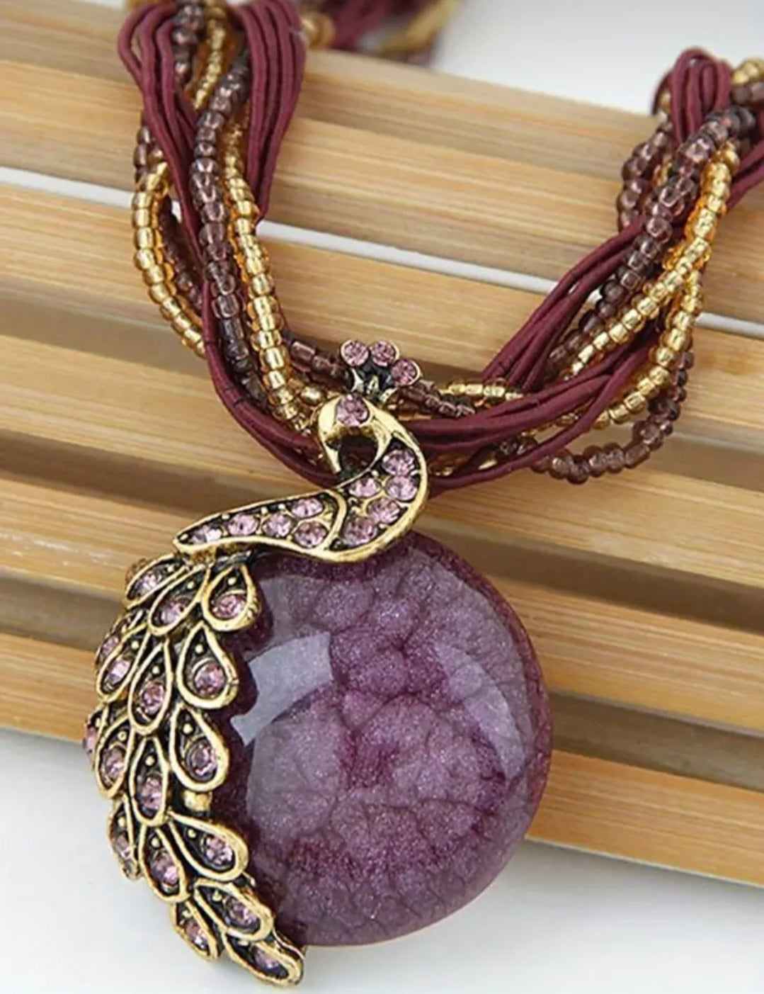 Deep Purple Peacock Necklace - 18" w/Braided Silk Cord, Rhinestone, and Glass Cabachon