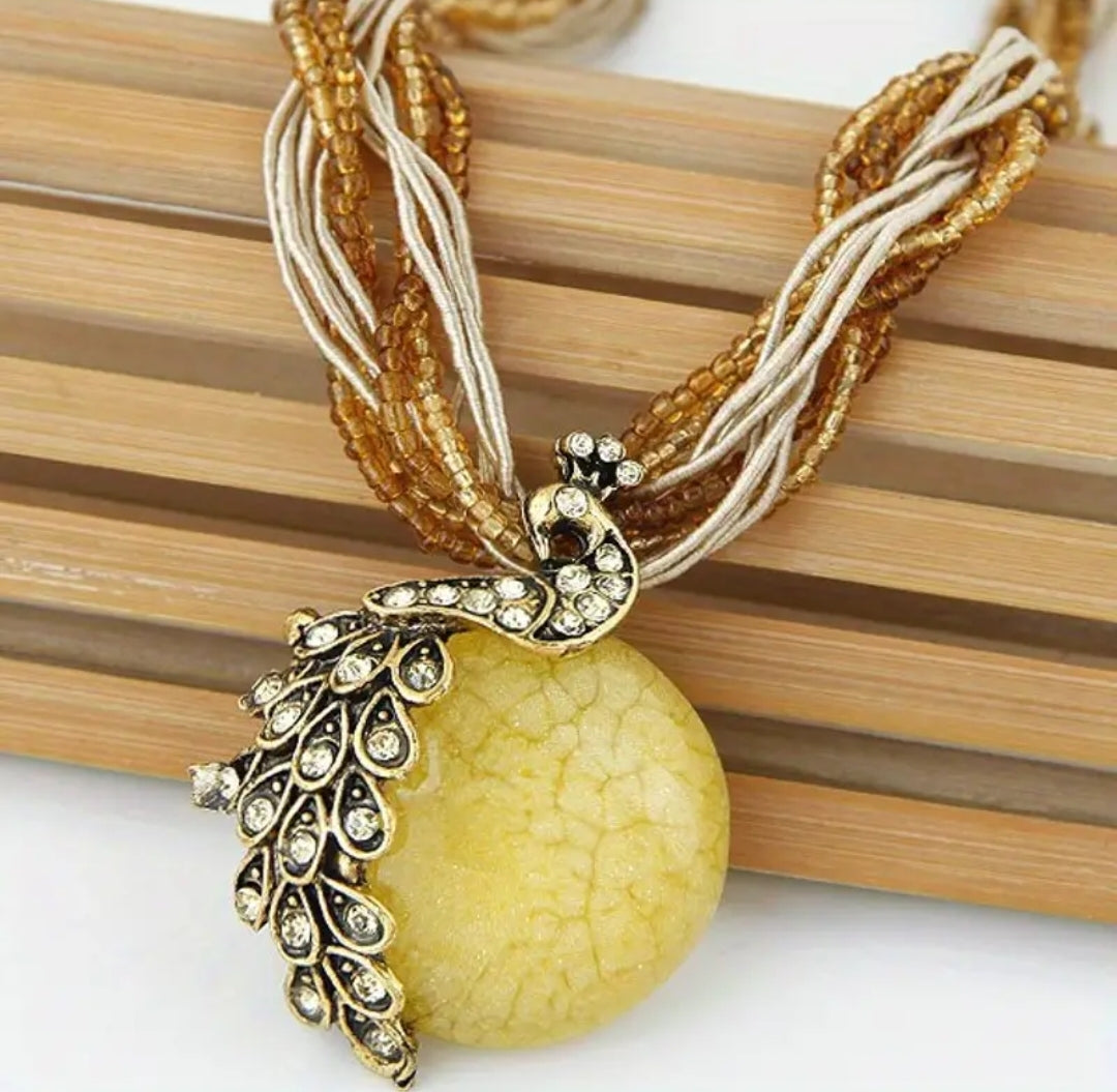 Yellow Peacock Necklace - 18" w/Braided Silk Cord, Rhinestone, and Glass Cabachon