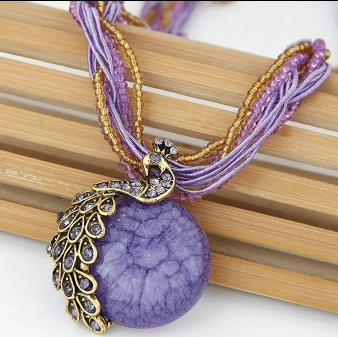 Lavender Peacock Necklace - 18" w/Braided Silk Cord, Rhinestone, and Glass Cabachon