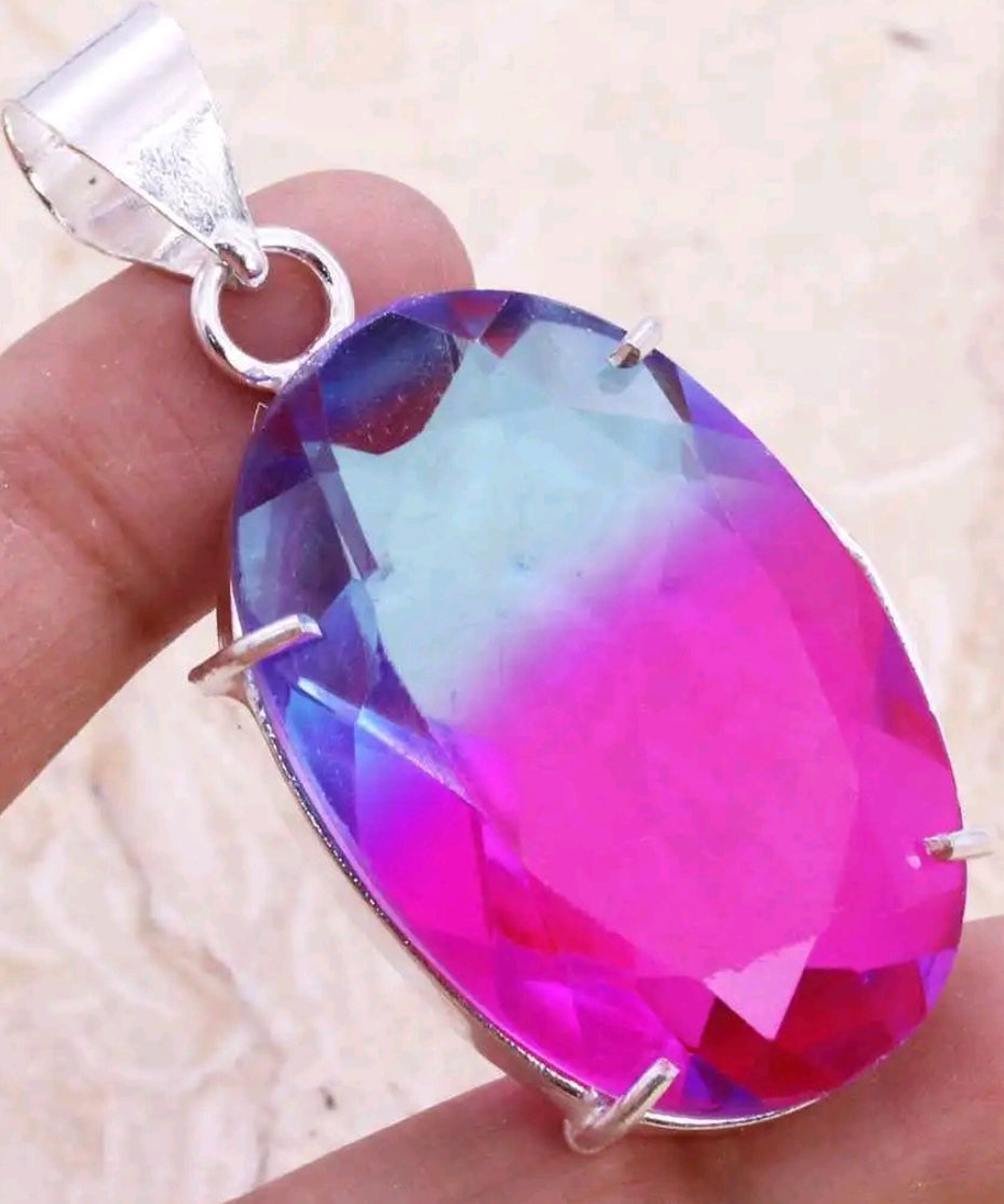Blue and Pink Bi-Color Tourmaline 2" Pendant on Chain and Gift-Boxed