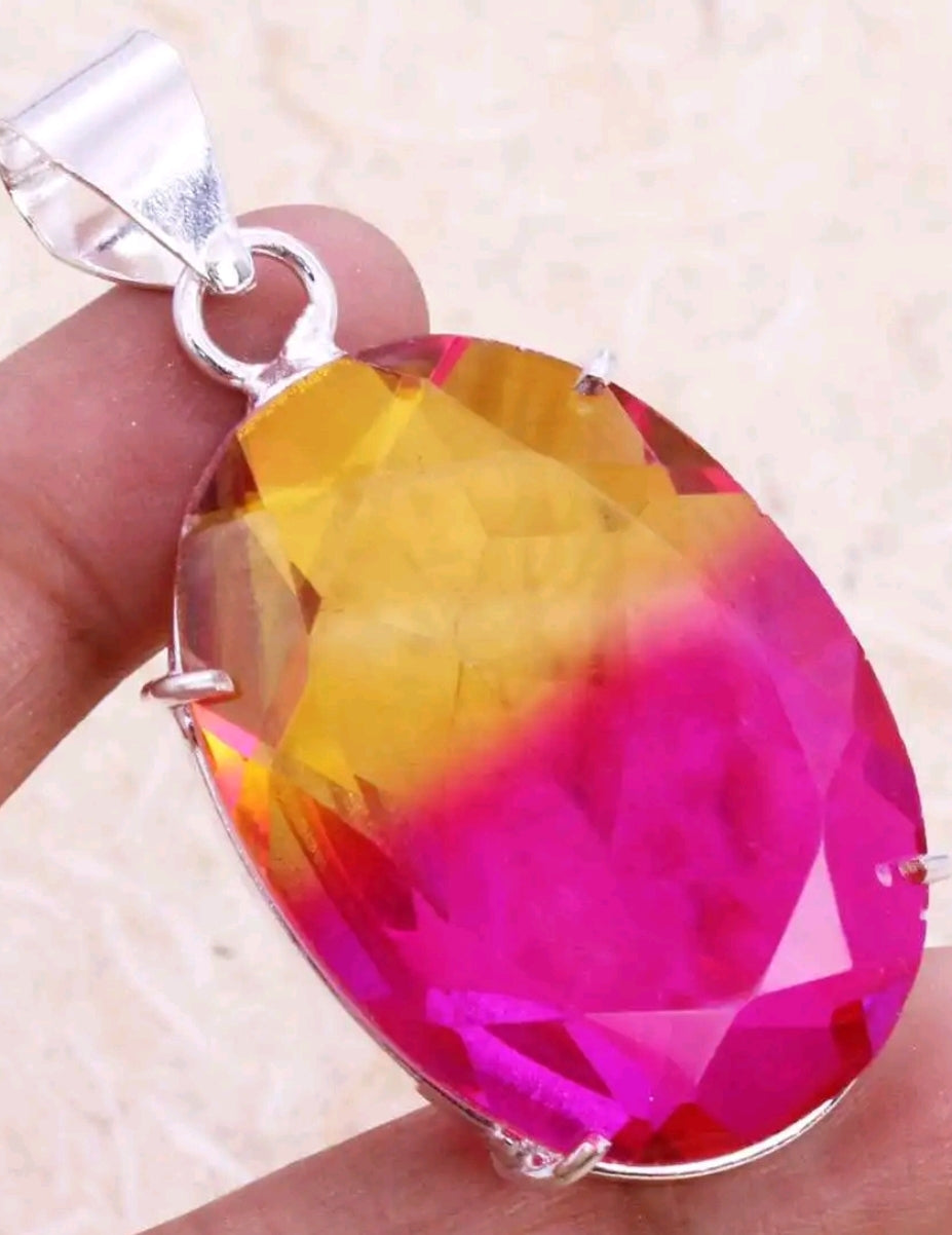 Gold and Pink Bi-Color Tourmaline 2" Pendant on Chain and Gift-Boxed