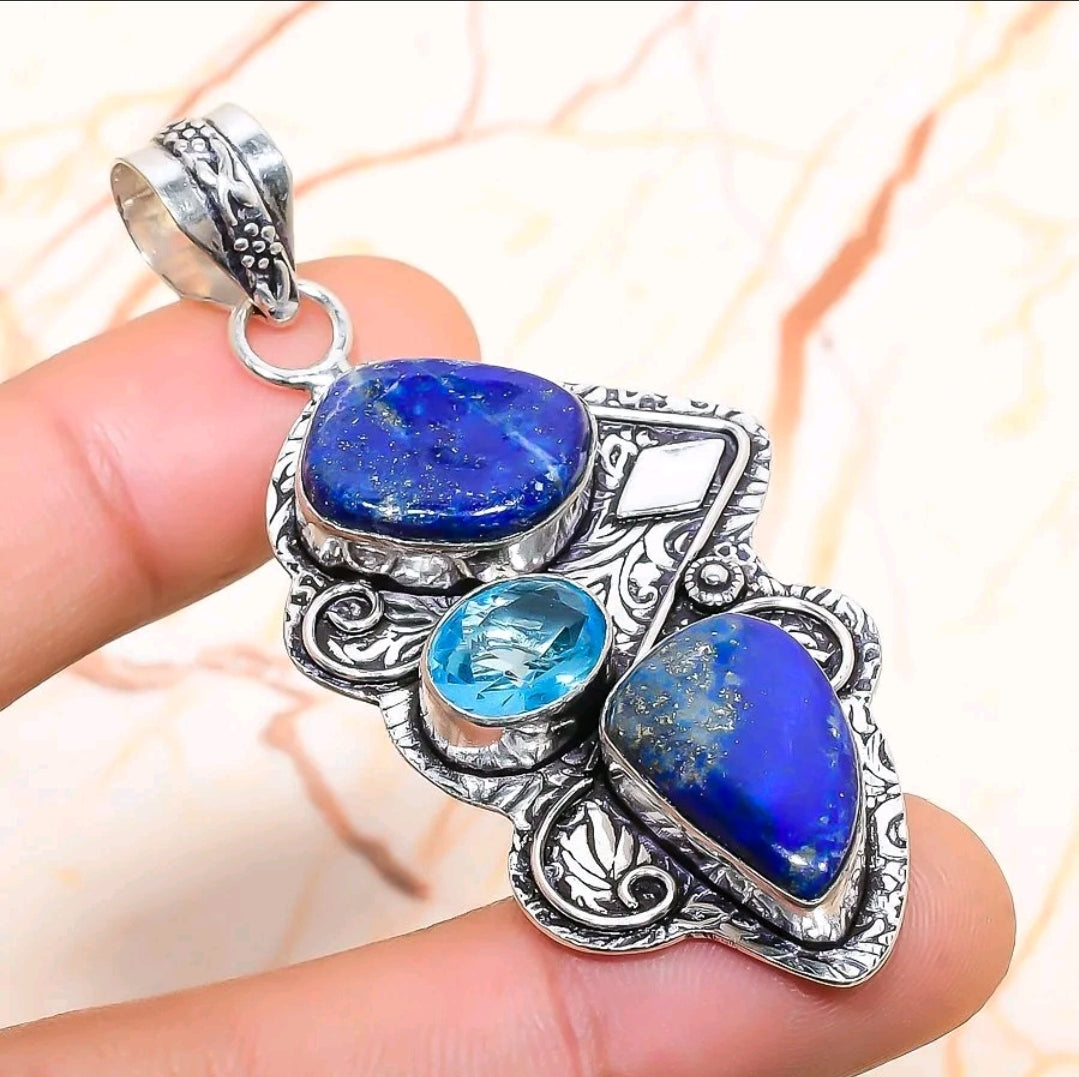 Lapis Lazuli and Blue Topaz 2.5" Pendant on Cord, Gift-Boxed