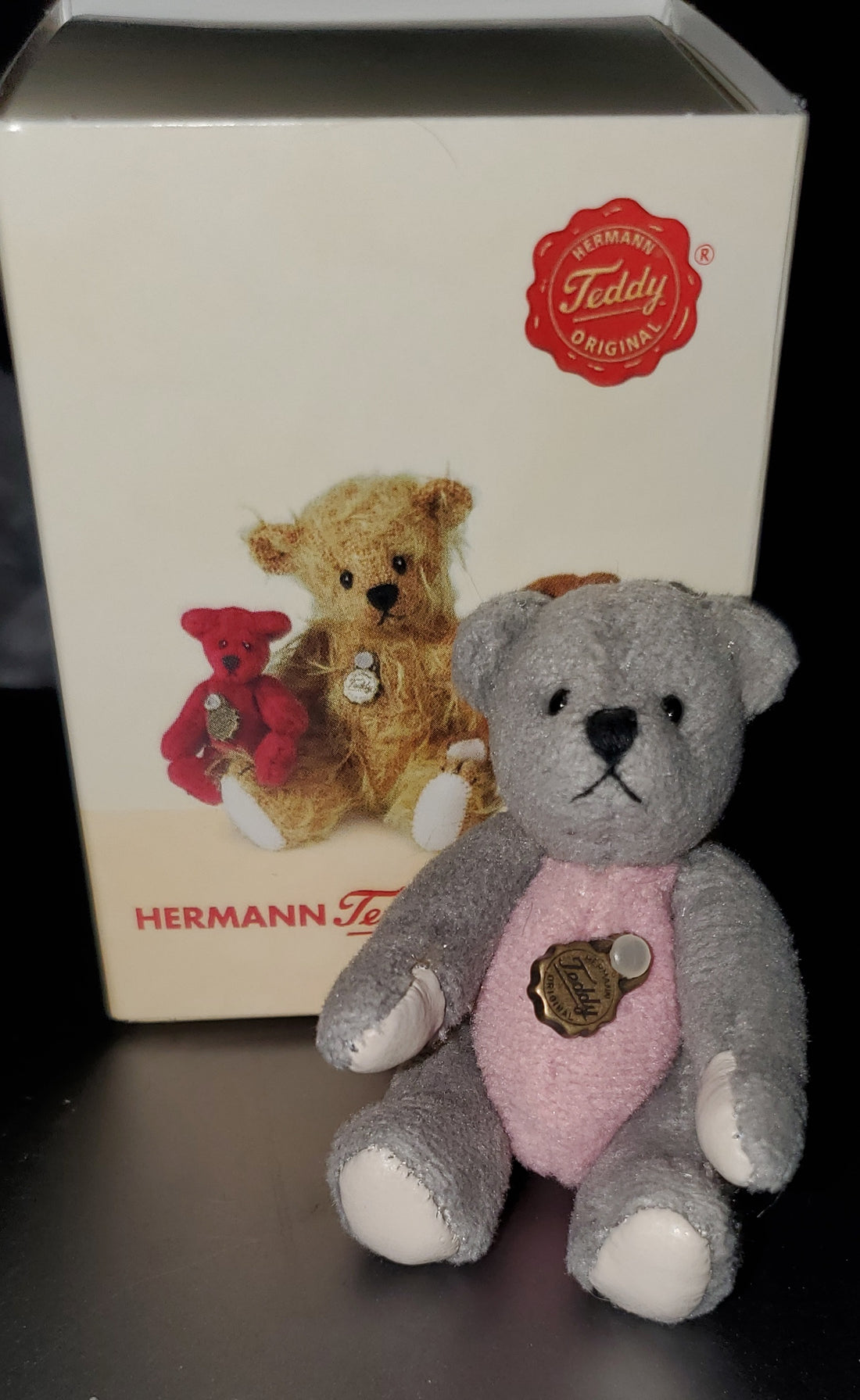 Grey and Pink Miniature 2.2" Teddy Bear by Hermann of Germany