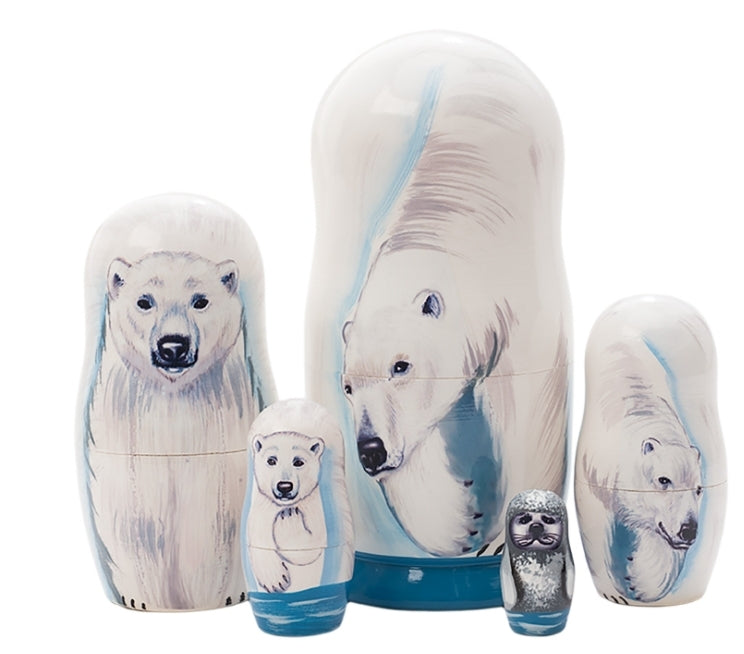 Polar Bear 5 Piece Russian Nesting Doll - 6"  - Artist Made